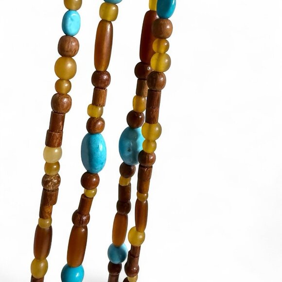 Vintage Dyed Howlite & Wood Bead Necklace Boho Layered Style Round Pendant - Picture 4 of 8